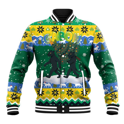 Gabon Christmas Baseball Jacket Black Panthers Carrying Tree and Snowflake - African Pride