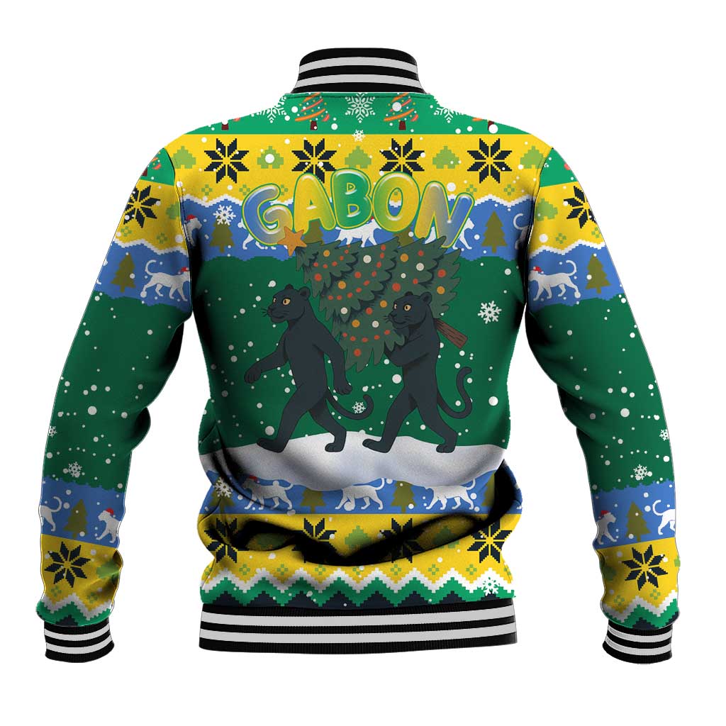 Gabon Christmas Baseball Jacket Black Panthers Carrying Tree and Snowflake - African Pride