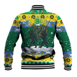 Gabon Christmas Baseball Jacket Black Panthers Carrying Tree and Snowflake - African Pride