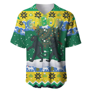 Gabon Christmas Baseball Jersey Black Panthers Carrying Tree and Snowflake - African Pride