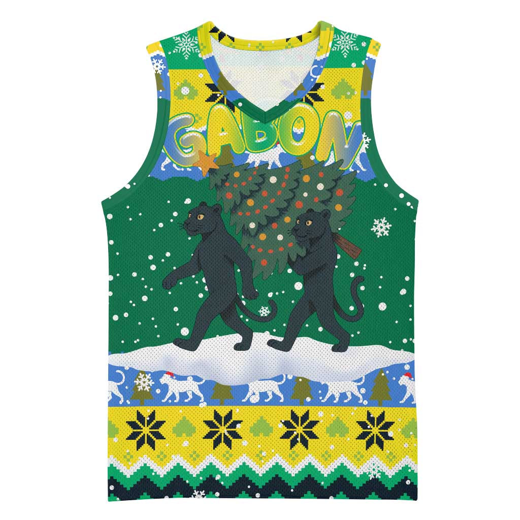 Gabon Christmas Basketball Jersey Black Panthers Carrying Tree and Snowflake - African Pride