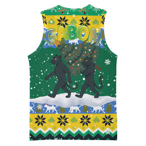Gabon Christmas Basketball Jersey Black Panthers Carrying Tree and Snowflake - African Pride