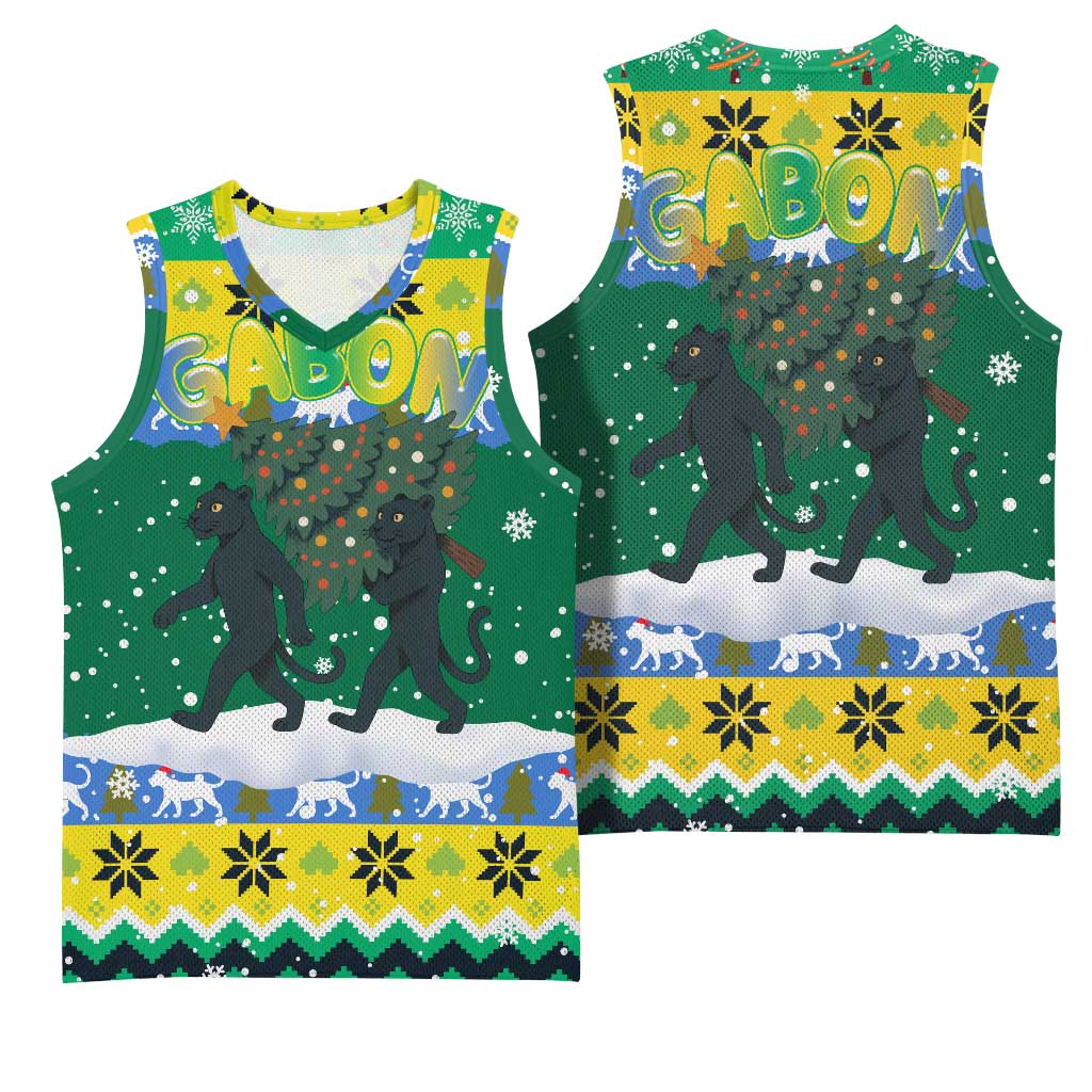Gabon Christmas Basketball Jersey Black Panthers Carrying Tree and Snowflake - African Pride
