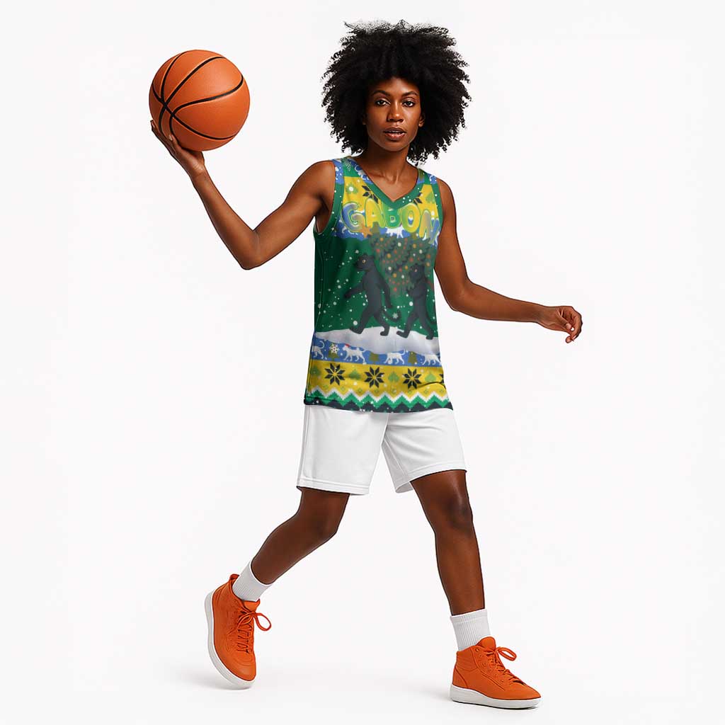 Gabon Christmas Basketball Jersey Black Panthers Carrying Tree and Snowflake - African Pride