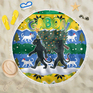 Gabon Christmas Beach Blanket Black Panthers Carrying Tree and Snowflake - African Pride