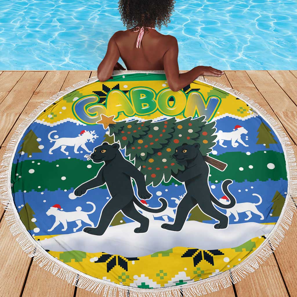 Gabon Christmas Beach Blanket Black Panthers Carrying Tree and Snowflake - African Pride