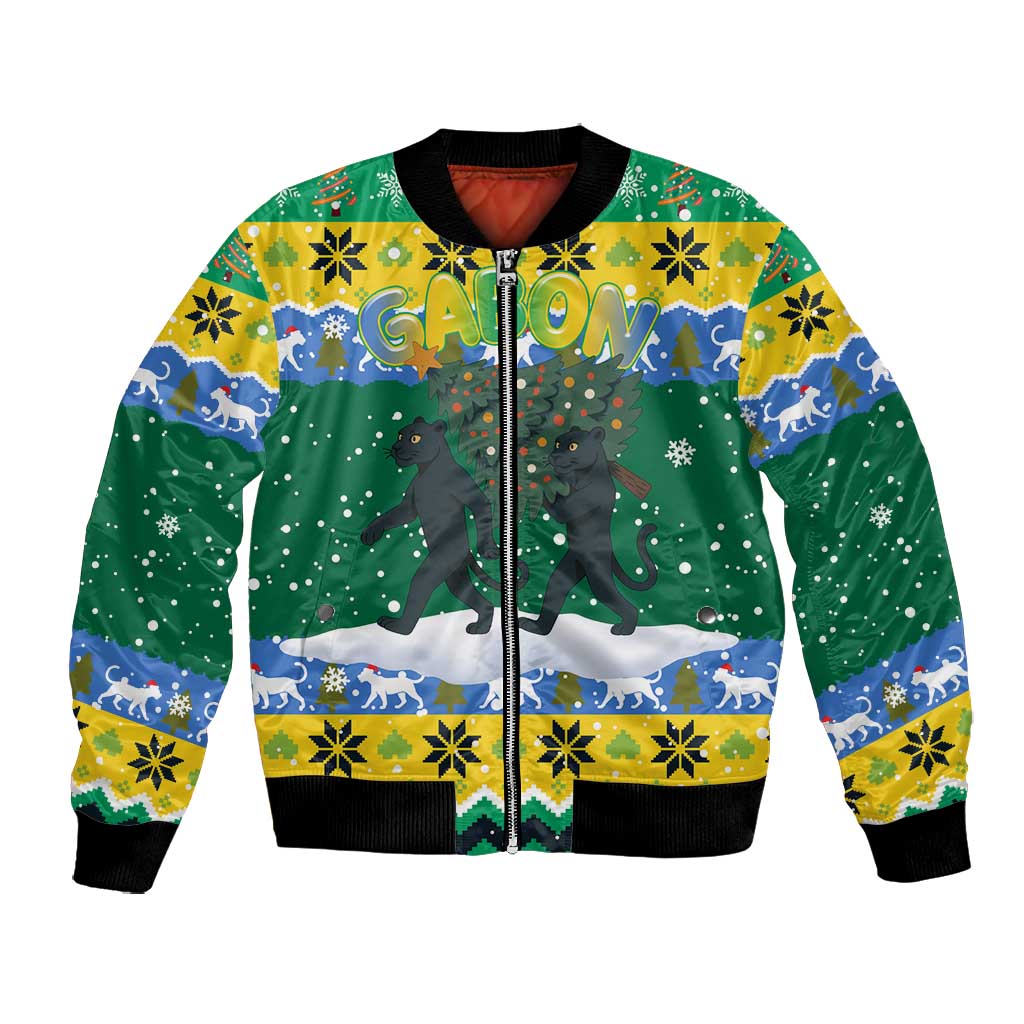 Gabon Christmas Bomber Jacket Black Panthers Carrying Tree and Snowflake - African Pride