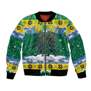 Gabon Christmas Bomber Jacket Black Panthers Carrying Tree and Snowflake - African Pride