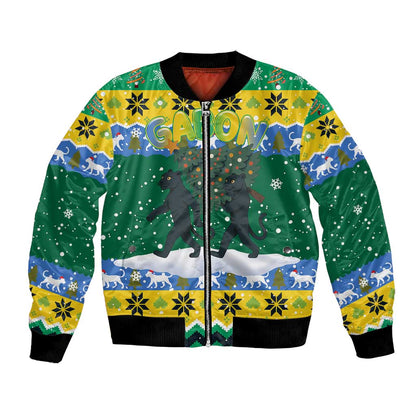 Gabon Christmas Bomber Jacket Black Panthers Carrying Tree and Snowflake - African Pride