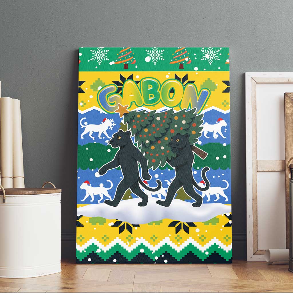 Gabon Christmas Canvas Wall Art Black Panthers Carrying Tree and Snowflake - African Pride