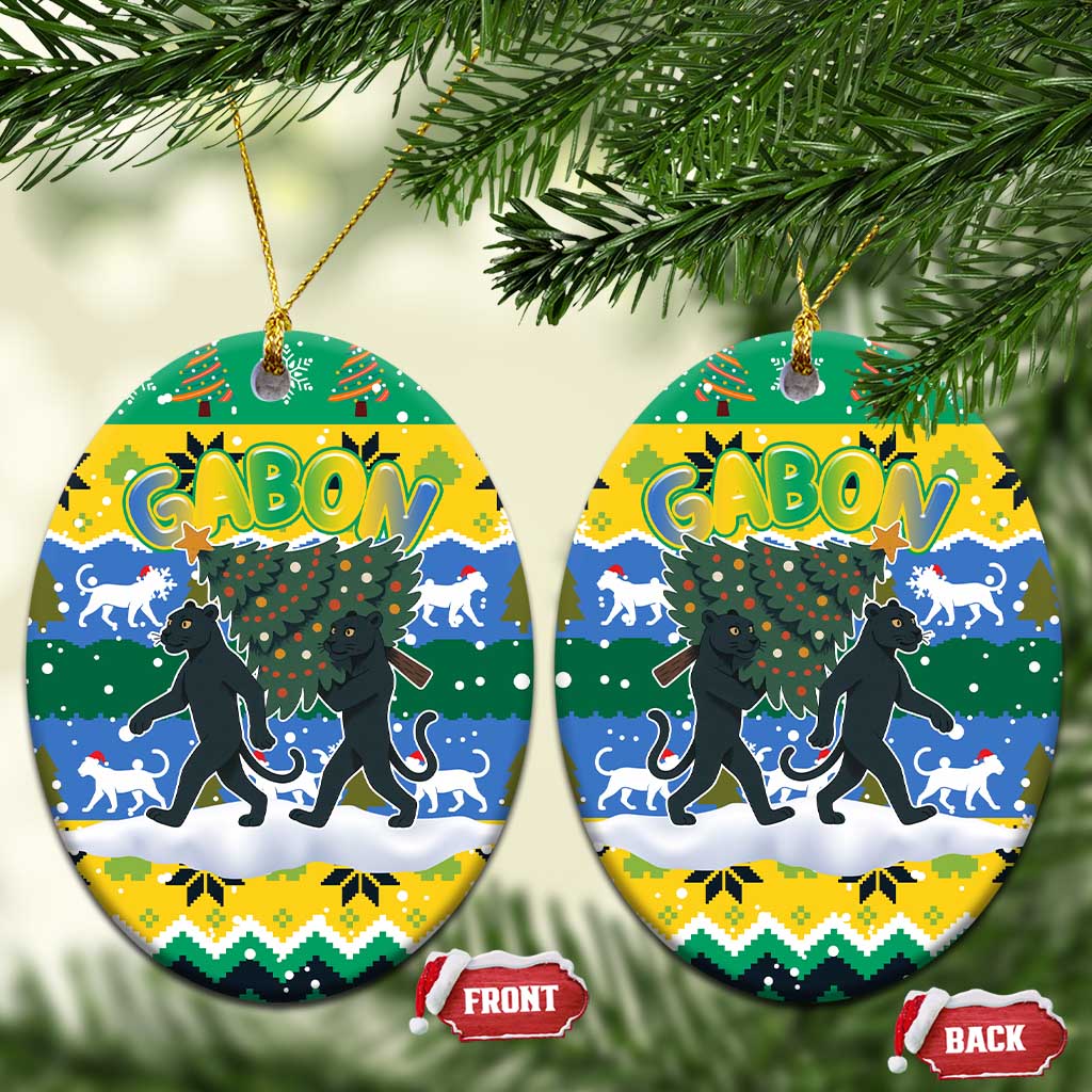 Gabon Christmas Ceramic Ornament Black Panthers Carrying Tree and Snowflake - African Pride