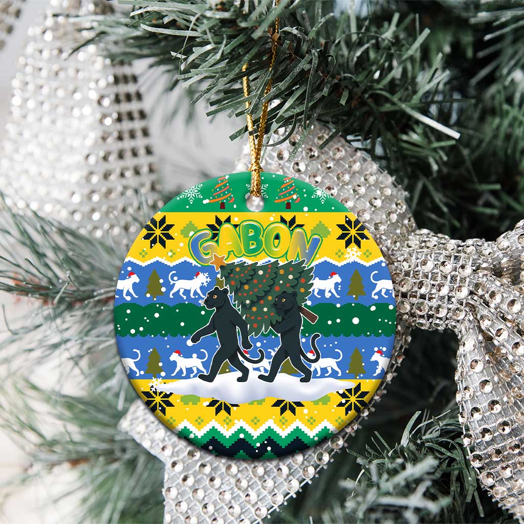 Gabon Christmas Ceramic Ornament Black Panthers Carrying Tree and Snowflake - African Pride