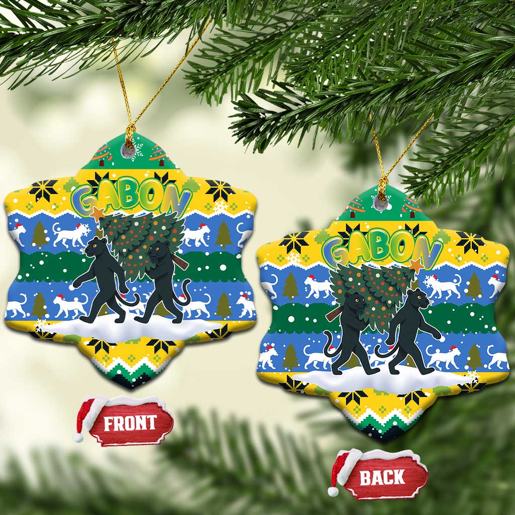 Gabon Christmas Ceramic Ornament Black Panthers Carrying Tree and Snowflake - African Pride