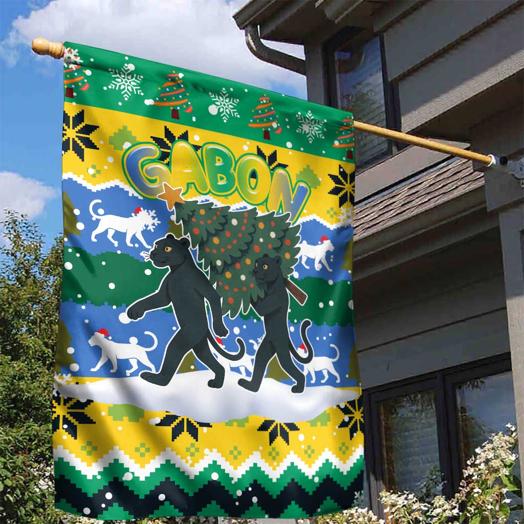 Gabon Christmas Garden Flag Black Panthers Carrying Tree and Snowflake - African Pride