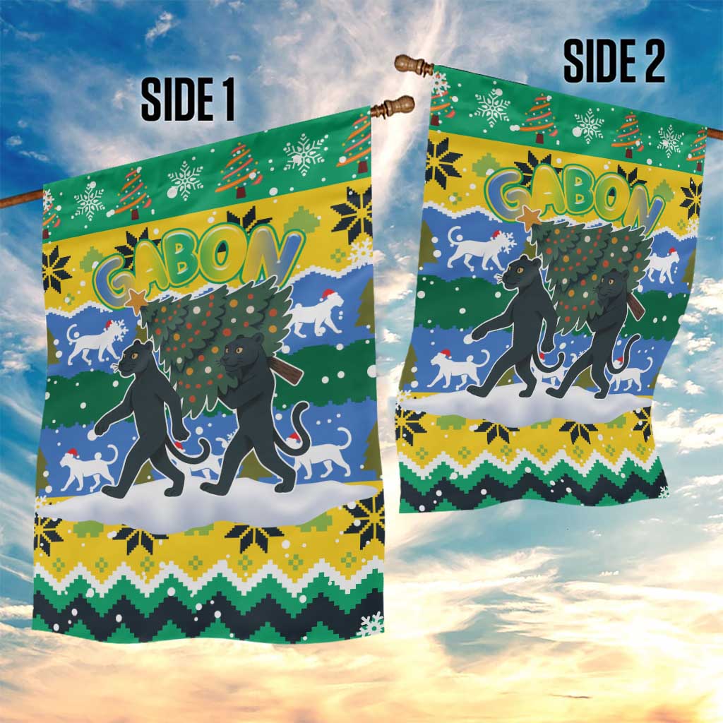 Gabon Christmas Garden Flag Black Panthers Carrying Tree and Snowflake - African Pride