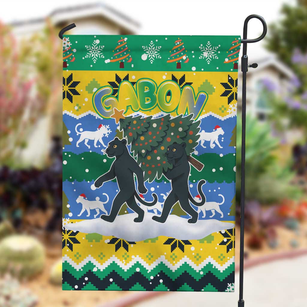 Gabon Christmas Garden Flag Black Panthers Carrying Tree and Snowflake - African Pride