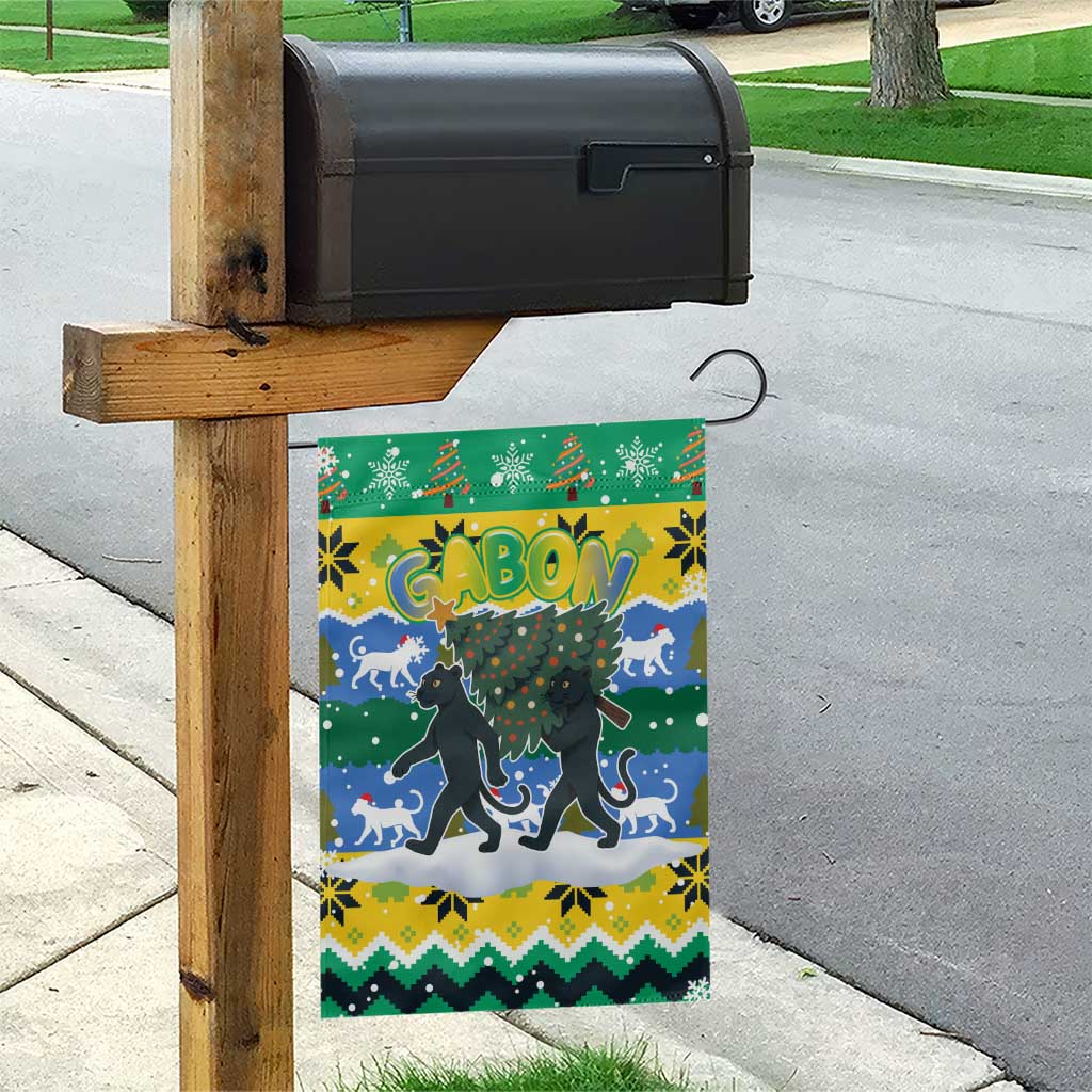 Gabon Christmas Garden Flag Black Panthers Carrying Tree and Snowflake - African Pride