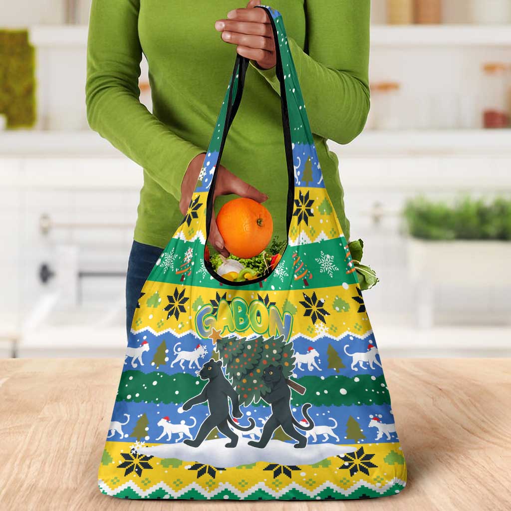 Gabon Christmas Grocery Bag Black Panthers Carrying Tree and Snowflake - African Pride