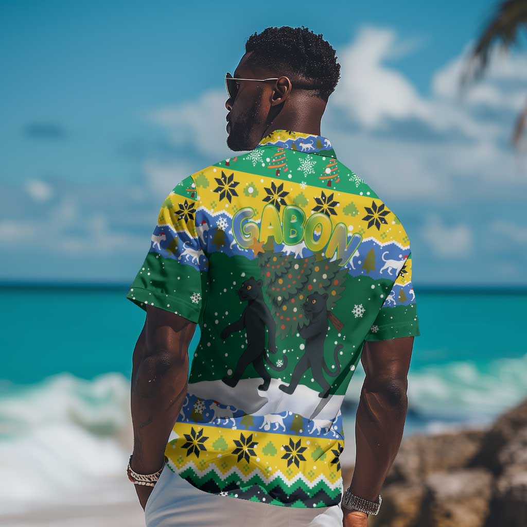 Gabon Christmas Hawaiian Shirt Black Panthers Carrying Tree and Snowflake - African Pride
