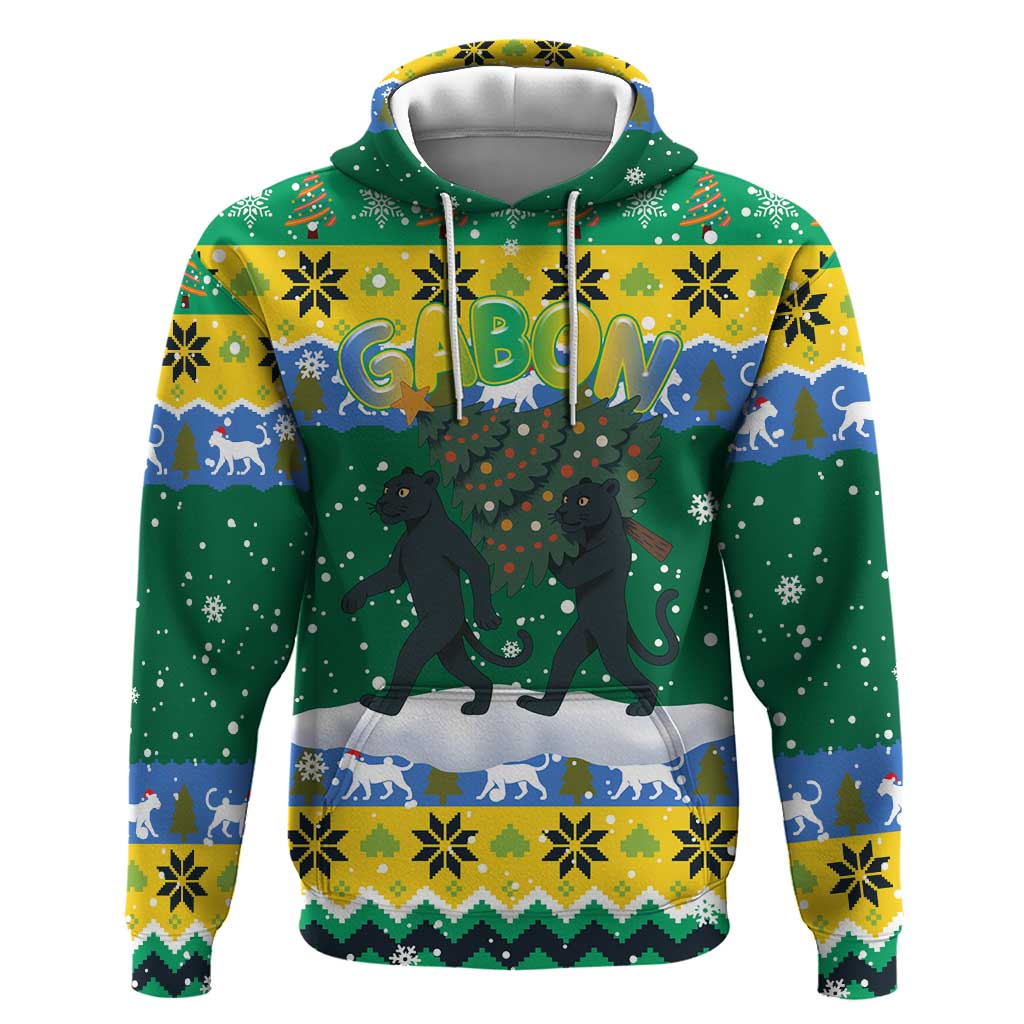 Gabon Christmas Hoodie Black Panthers Carrying Tree and Snowflake - African Pride