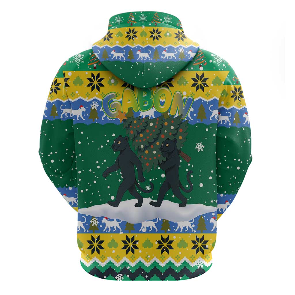 Gabon Christmas Hoodie Black Panthers Carrying Tree and Snowflake - African Pride