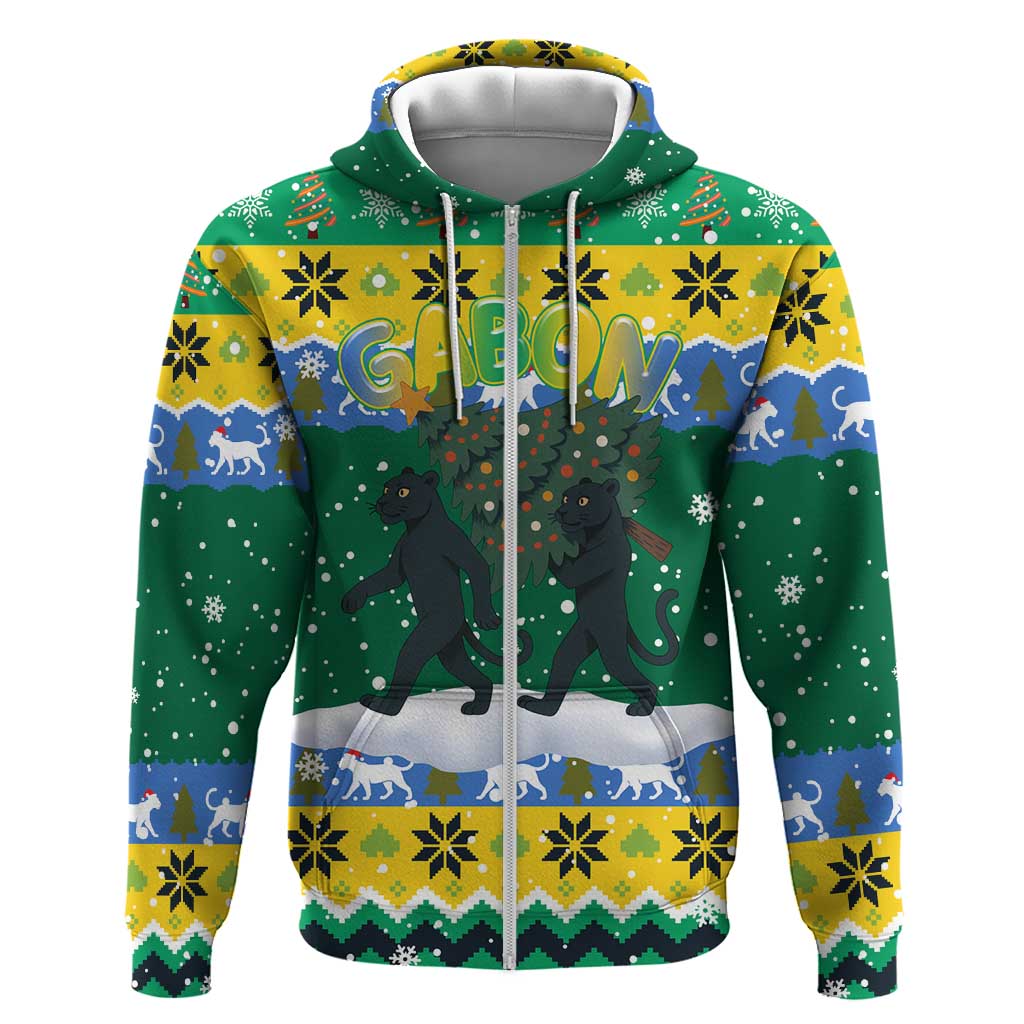 Gabon Christmas Hoodie Black Panthers Carrying Tree and Snowflake - African Pride