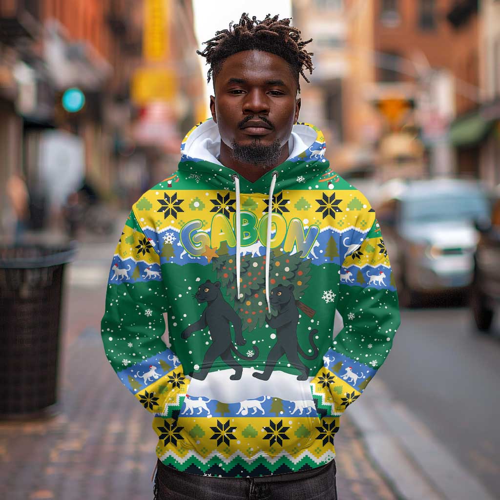 Gabon Christmas Hoodie Black Panthers Carrying Tree and Snowflake - African Pride