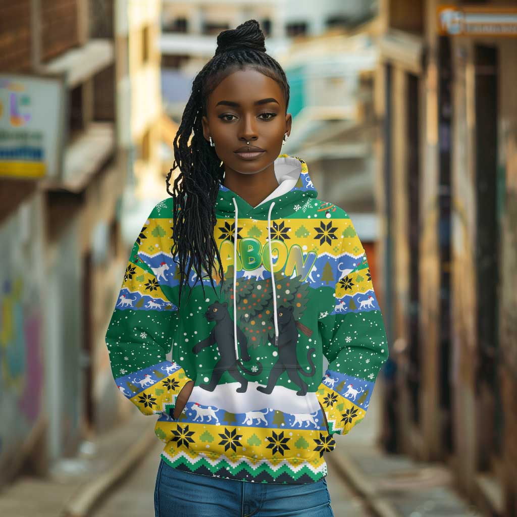 Gabon Christmas Hoodie Black Panthers Carrying Tree and Snowflake - African Pride