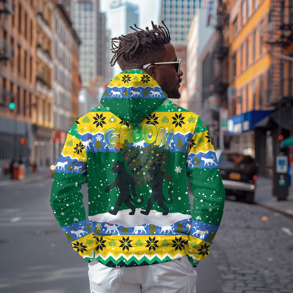 Gabon Christmas Hoodie Black Panthers Carrying Tree and Snowflake - African Pride