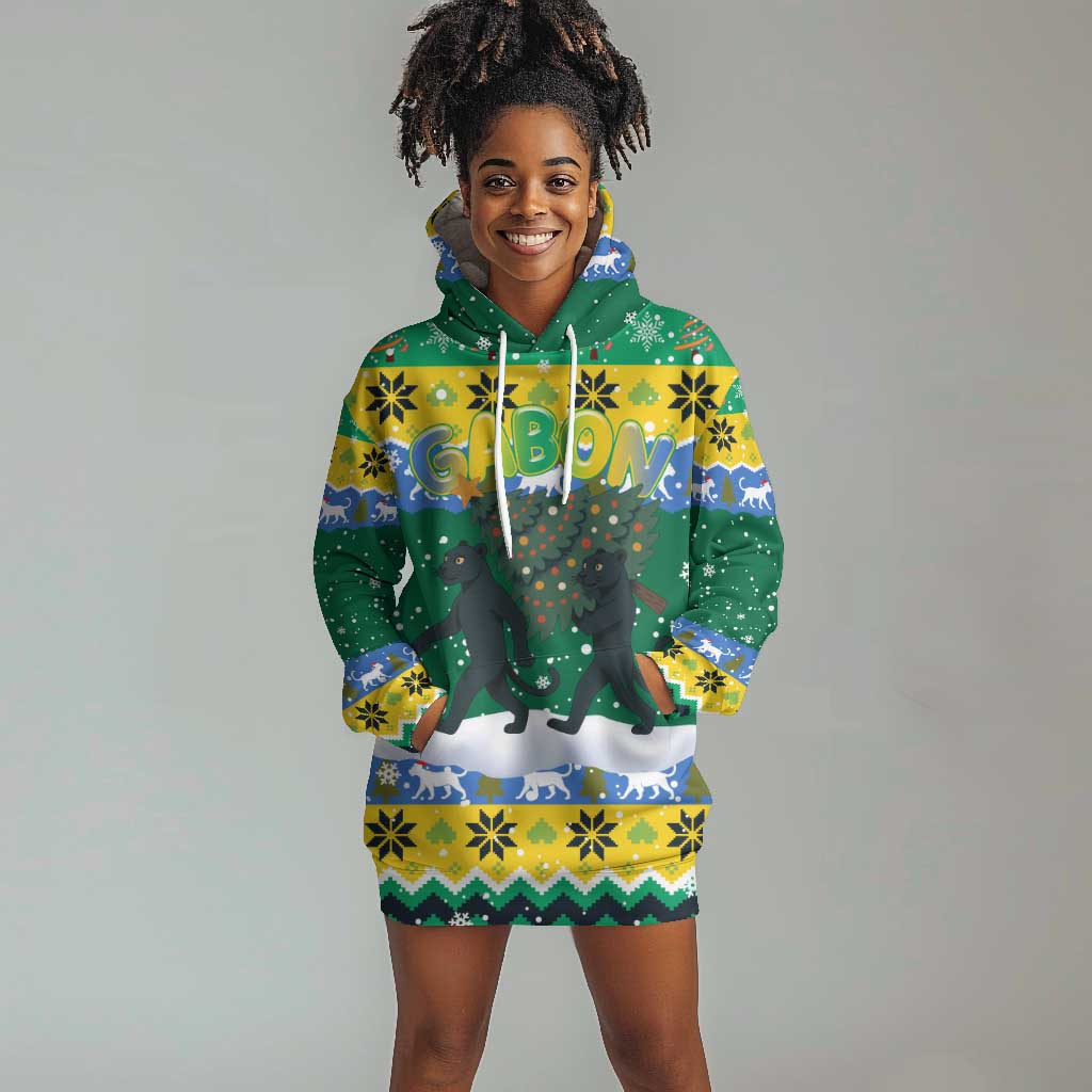 Gabon Christmas Hoodie Dress Black Panthers Carrying Tree and Snowflake - African Pride