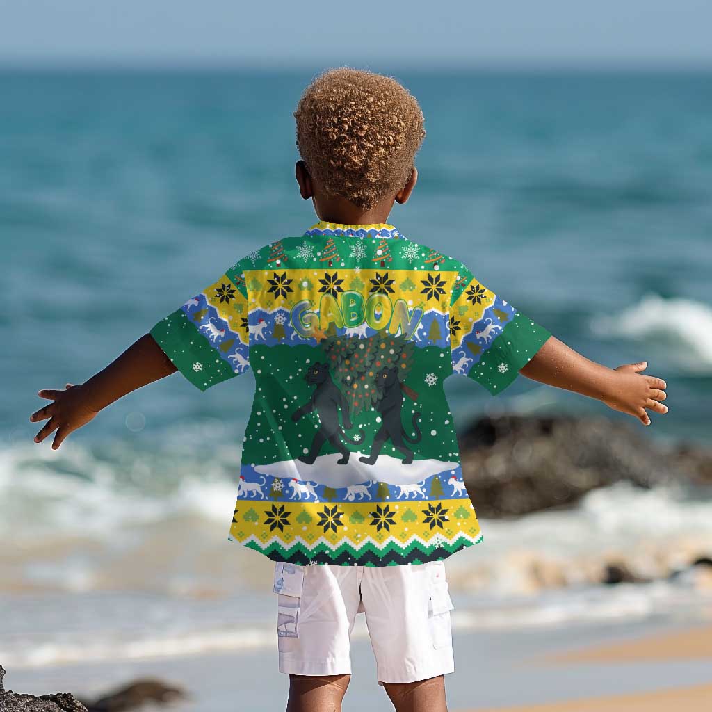 Gabon Christmas Kid Hawaiian Shirt Black Panthers Carrying Tree and Snowflake - African Pride
