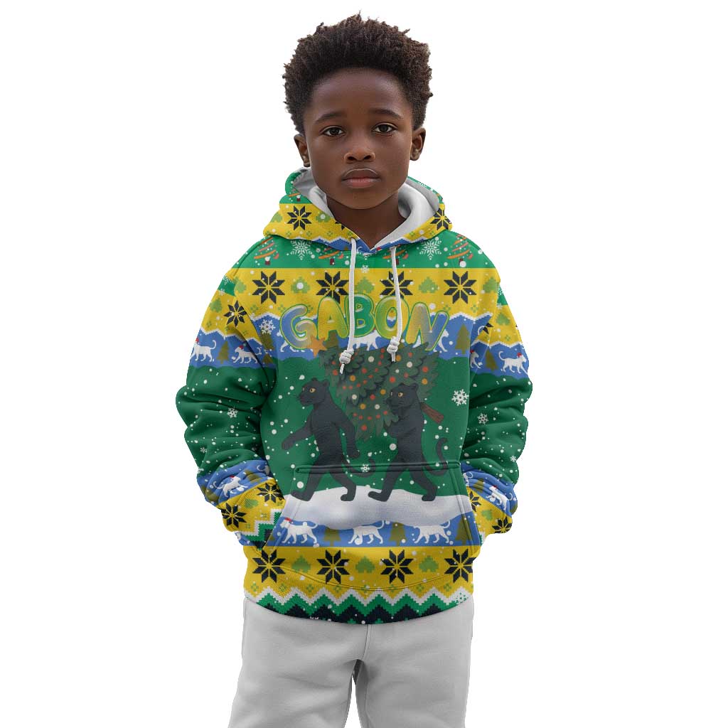 Gabon Christmas Kid Hoodie Black Panthers Carrying Tree and Snowflake - African Pride