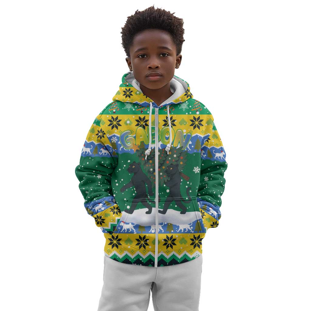Gabon Christmas Kid Hoodie Black Panthers Carrying Tree and Snowflake - African Pride