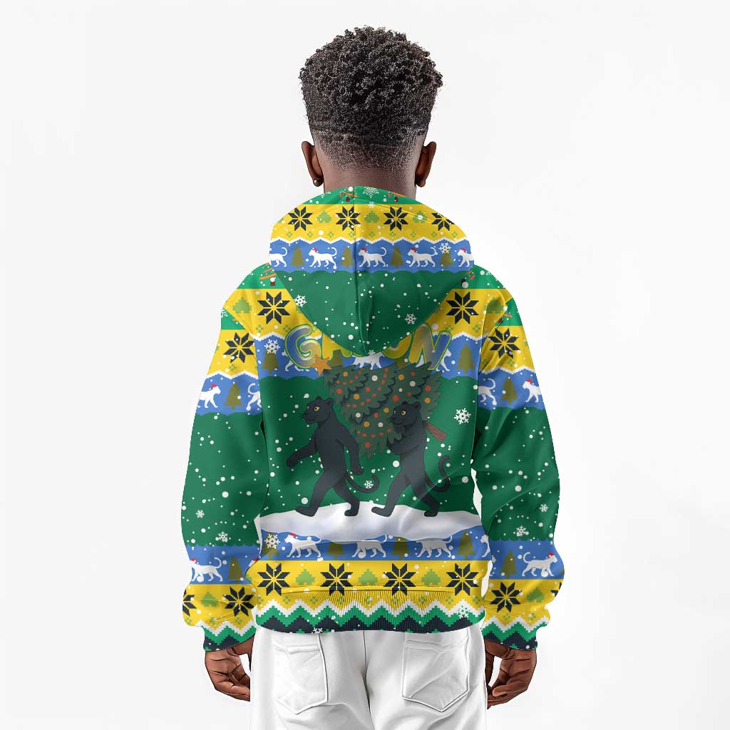 Gabon Christmas Kid Hoodie Black Panthers Carrying Tree and Snowflake - African Pride