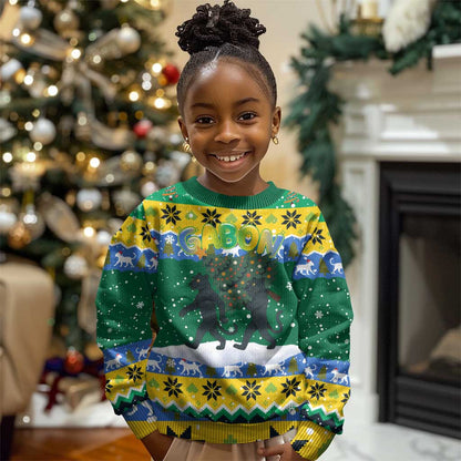 Gabon Christmas Kid Ugly Christmas Sweater Black Panthers Carrying Tree and Snowflake - African Pride