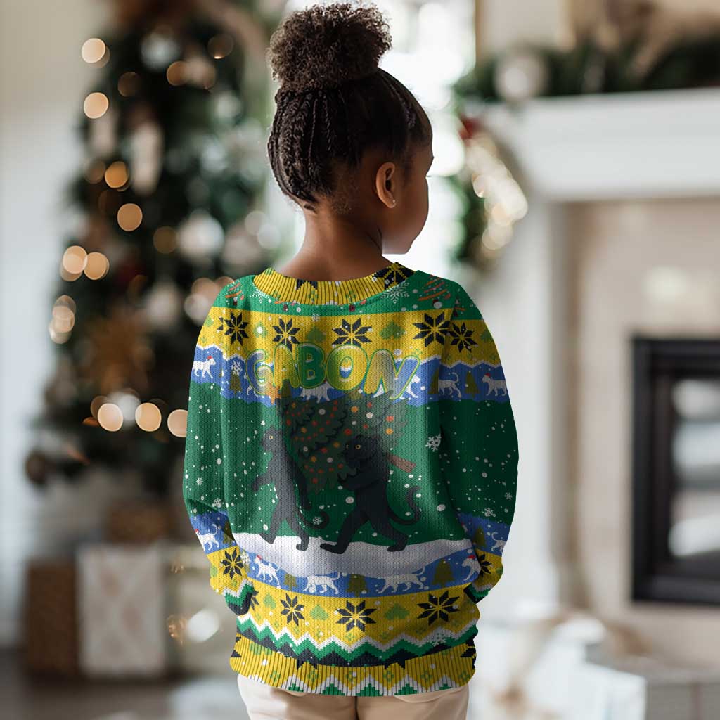 Gabon Christmas Kid Ugly Christmas Sweater Black Panthers Carrying Tree and Snowflake - African Pride