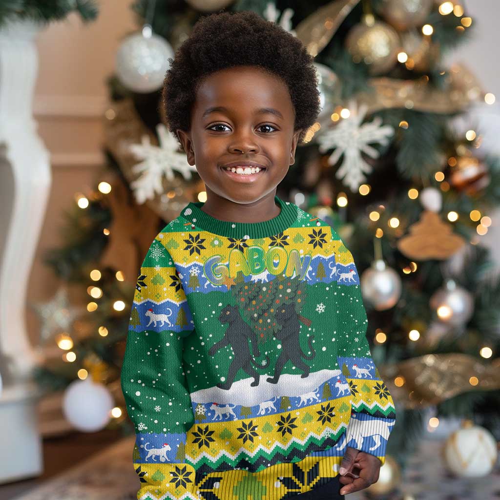 Gabon Christmas Kid Ugly Christmas Sweater Black Panthers Carrying Tree and Snowflake - African Pride