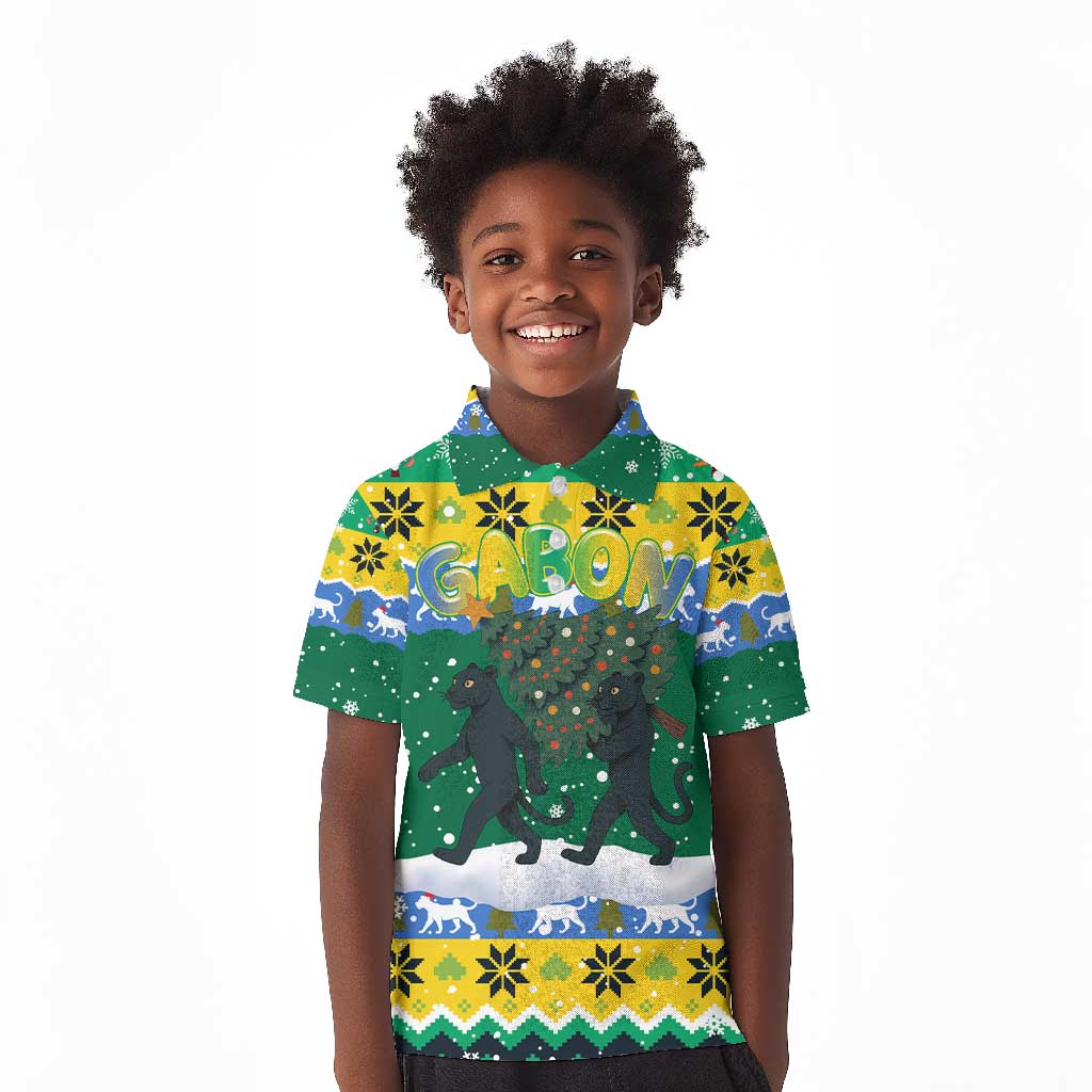 Gabon Christmas Kid Polo Shirt Black Panthers Carrying Tree and Snowflake - African Pride