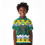 Gabon Christmas Kid Polo Shirt Black Panthers Carrying Tree and Snowflake - African Pride
