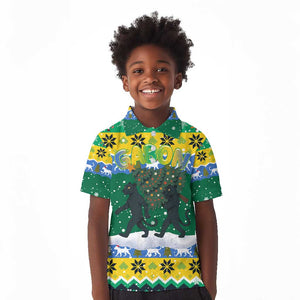 Gabon Christmas Kid Polo Shirt Black Panthers Carrying Tree and Snowflake - African Pride