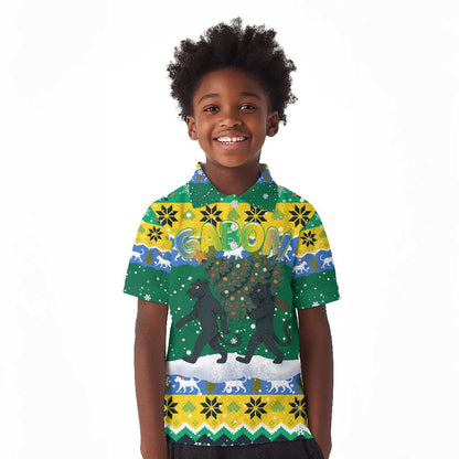 Gabon Christmas Kid Polo Shirt Black Panthers Carrying Tree and Snowflake - African Pride