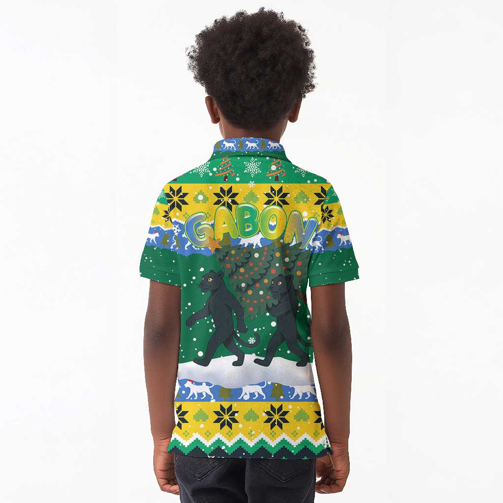 Gabon Christmas Kid Polo Shirt Black Panthers Carrying Tree and Snowflake - African Pride