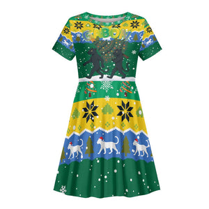 Gabon Christmas Kid Short Sleeve Dress Black Panthers Carrying Tree and Snowflake - African Pride