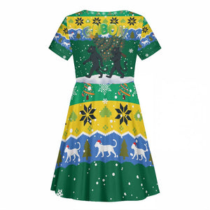 Gabon Christmas Kid Short Sleeve Dress Black Panthers Carrying Tree and Snowflake - African Pride