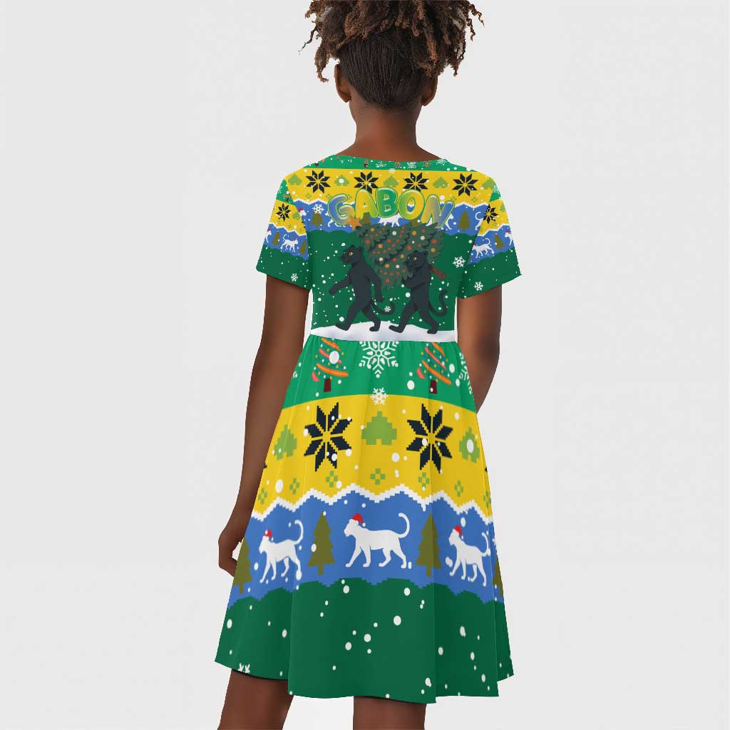 Gabon Christmas Kid Short Sleeve Dress Black Panthers Carrying Tree and Snowflake - African Pride