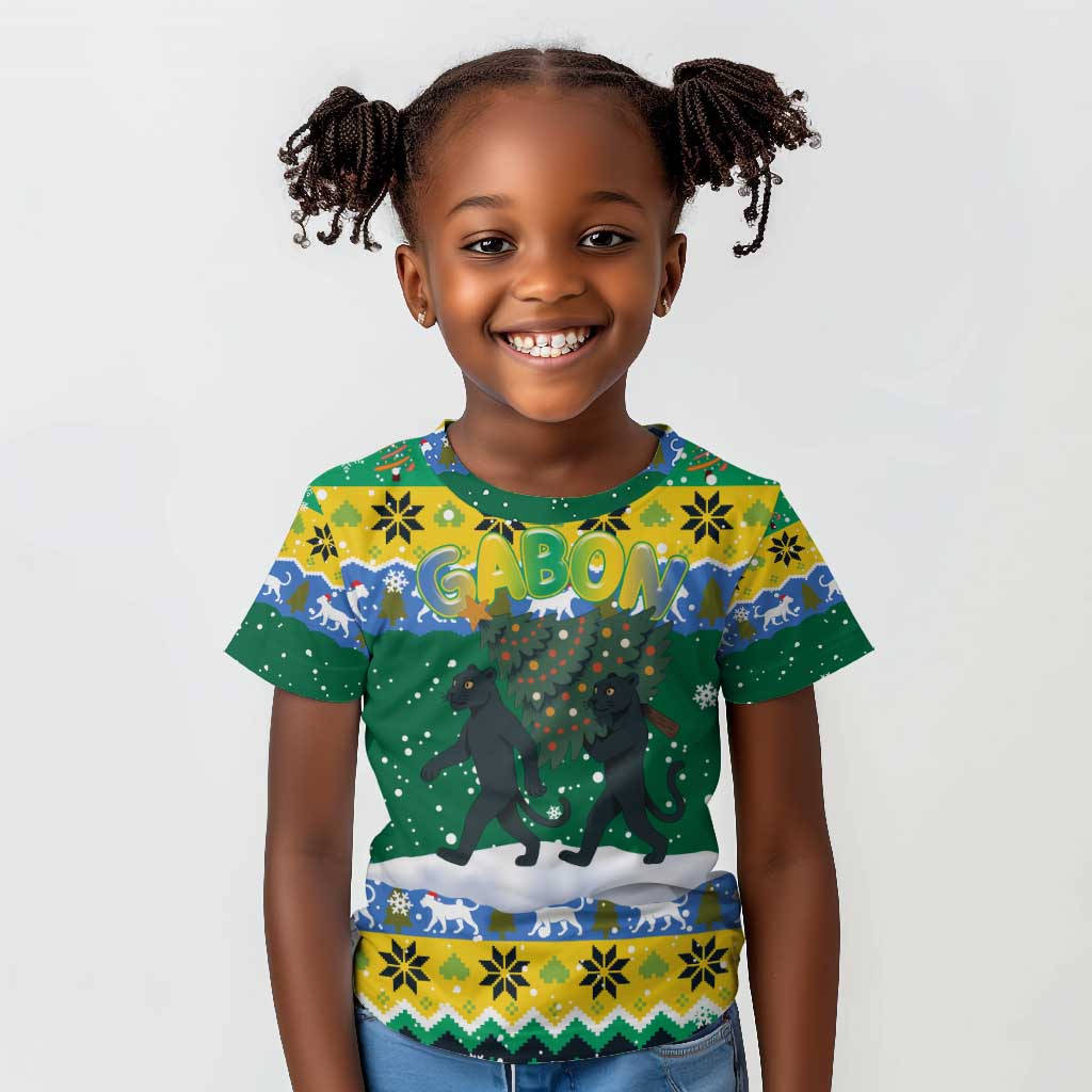 Gabon Christmas Kid T shirt Black Panthers Carrying Tree and Snowflake - African Pride