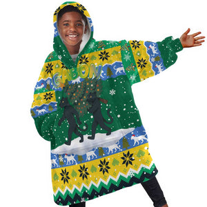 Gabon Christmas Kid Wearable Blanket Hoodie Black Panthers Carrying Tree and Snowflake - African Pride