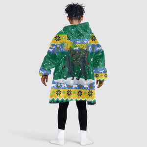 Gabon Christmas Kid Wearable Blanket Hoodie Black Panthers Carrying Tree and Snowflake - African Pride