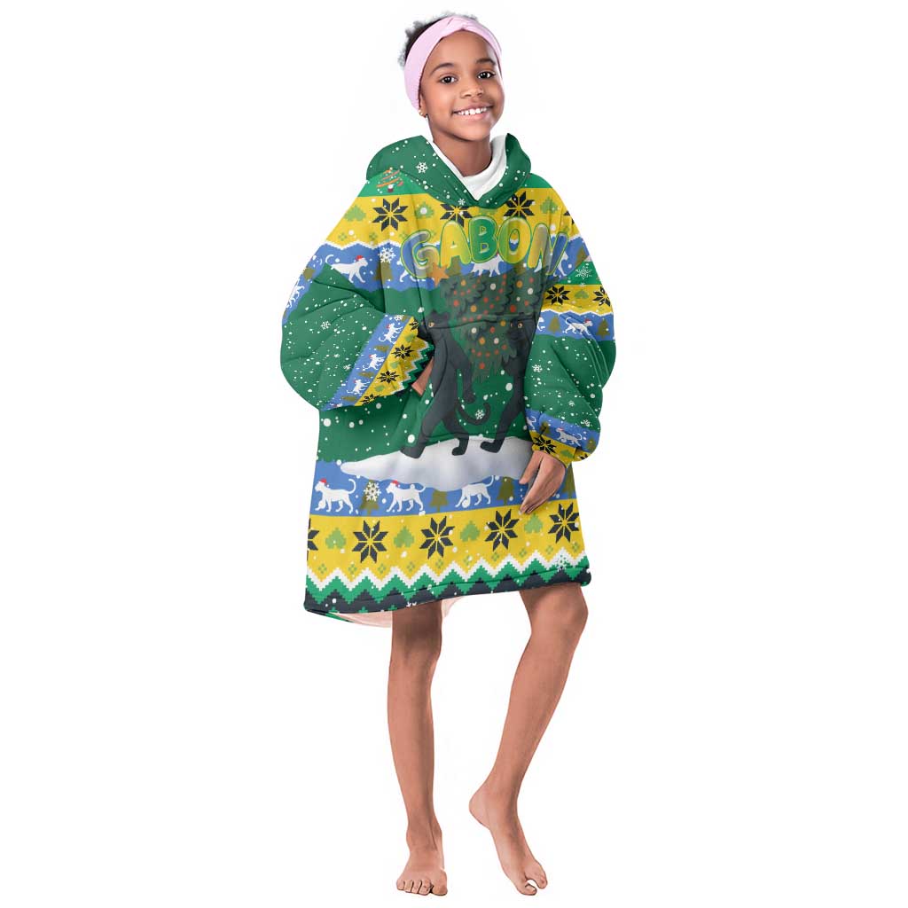 Gabon Christmas Kid Wearable Blanket Hoodie Black Panthers Carrying Tree and Snowflake - African Pride