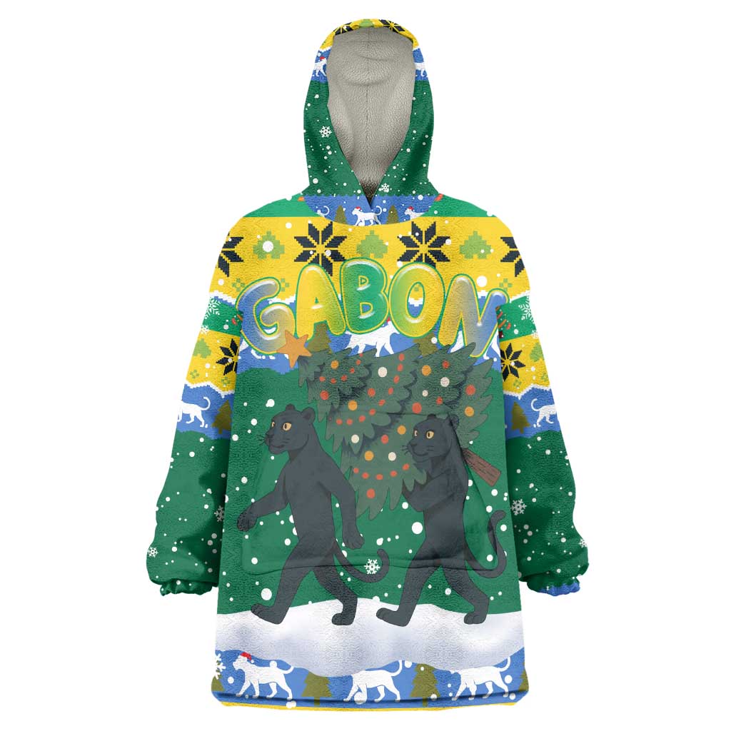 Gabon Christmas Kid Wearable Blanket Hoodie Black Panthers Carrying Tree and Snowflake - African Pride